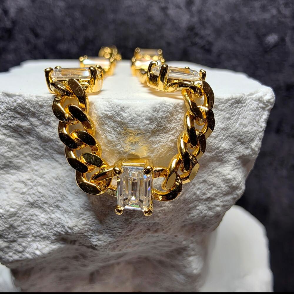 7" 3.30CTW Emerald-Cut VVS/D Moissanite Cuban Bracelet, Gold Over Silver (4.4mm)
